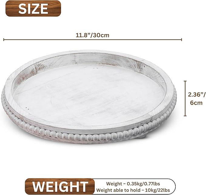 Round Wood Tray for Centerpiece Table Decoration, Rustic Beaded Wooden Tray Decor for Dining, Kitchen Counter, Living Room and Coffee Table Tray Decor