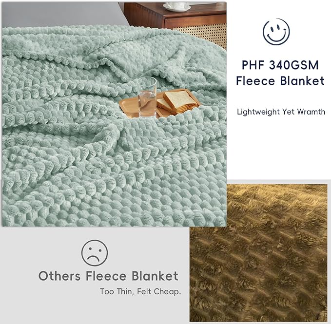 PHF Ultra Soft Flannel Fleece Blanket Twin Size, Lightweight 3D Jacquard Fleece Blanket, No Shedding, No Pilling, Luxury 340GSM Aesthetic Fluffy Cozy Bedding for Bed Room Decor, 66"x90", Sage Green
