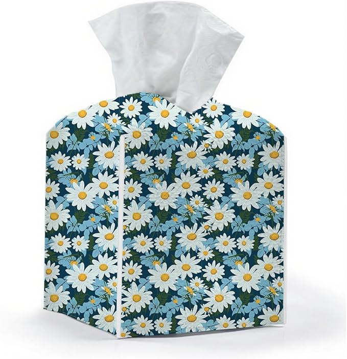 Tissue Box Cover, Tissue Box Holder, Square with Belt Bottom, PU Leather Decorative Organizer for Desk, Tabletop, Countertop Bathroom, Toilet, Car, Office, Dresser Kitchen, Aesthetic Blue Flower Decor