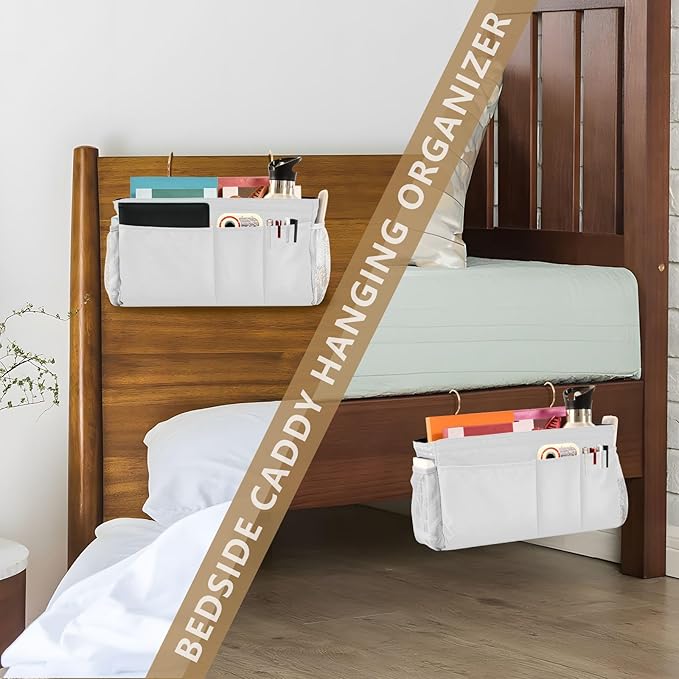 DOMIKING White Bedside Caddy for Dorm Bed Recliner Armrest Organizer with Hooks Haning Holders for Bunk Bed Rails Headboards