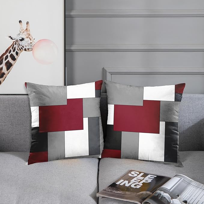 Emvency Set of 2 Burgundy Red Geometric Throw Pillow Cover Black Grey White Painting Abstract Checkered Design Decorative Pillow Case Modern Home Decor Standard Square 18x18 Inch Cushion Pillowcase
