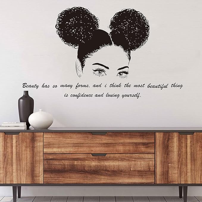 Make Up Wall Decor Beauty Salon African Woman Wall Art Decal Beautiful Afro Black Girl Vinyl Wall Stickers Living Room Home Decor LL2473 (LL2267 Black)