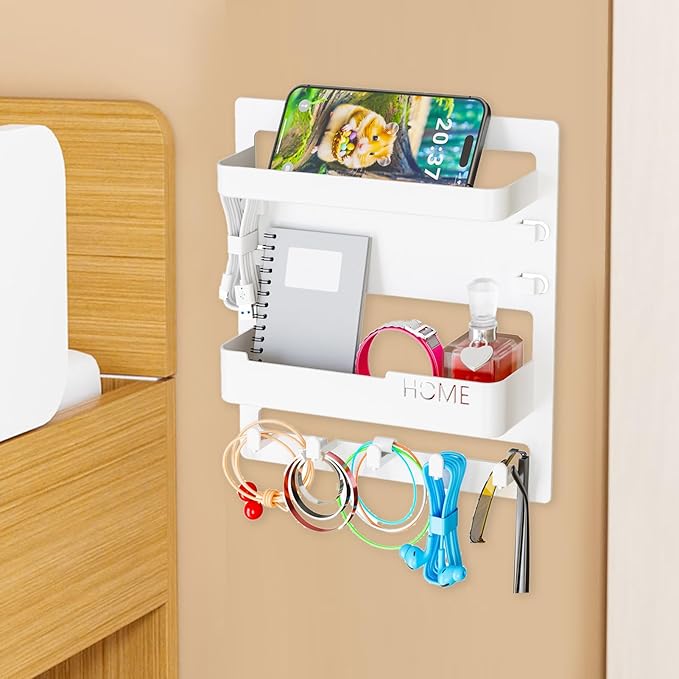 Ejoyous Bedside Shelf Wall Mount, Adhesive Phone Holder Organizer with Hooks and Cable Clips On Dorm Room, Wall Storage for Glasses Remote Earphone Cell Phone Charger Keys Snacks (White)