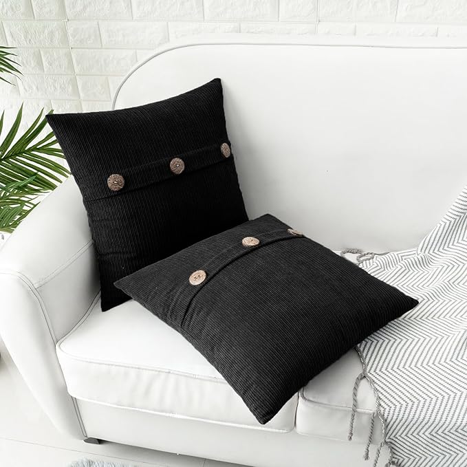 HWY 50 Black Chenille Throw Pillow Covers 18x18 Inch with Triple Buttons, Soft Farmhouse Accent Decorative Cushion Cases for Couch Sofa Bed Living Room Bedroom Pack of 2