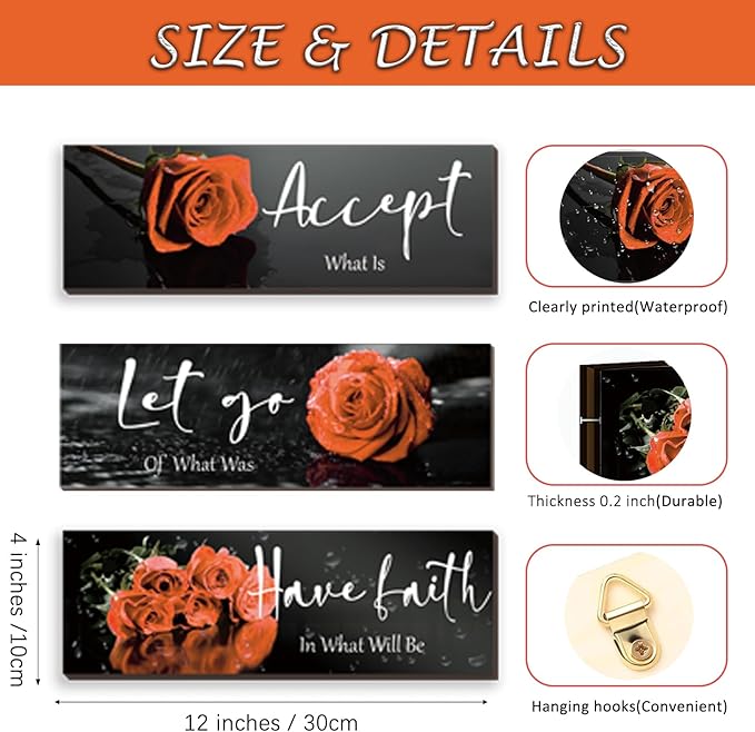 3 Pcs Orange Bathroom Decor Inspirational Orange Wall Decor Wooden Orange Rose Farmhouse Wall Art With Accept Let Go Have Faith Quotes For Girl Women Bedroom Office Living Room(yellow 12 X 4 Inch)