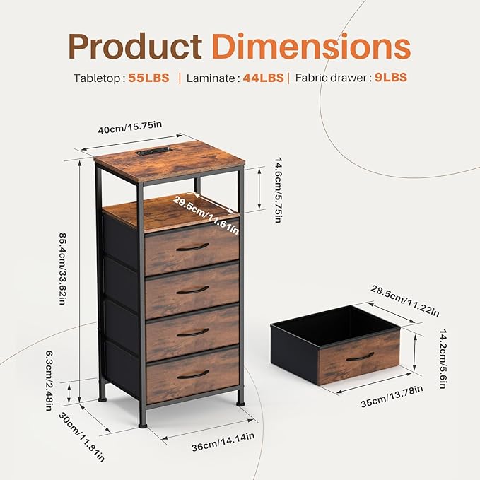 Sweetcrispy Nightstand with Charging Station, Bedside End Table with 4 Fabric Drawers & USB/Type-C Ports and Outlets, Night Stand for Bedroom Furniture, Adjustable Feet and Variable Light Strip, Rust