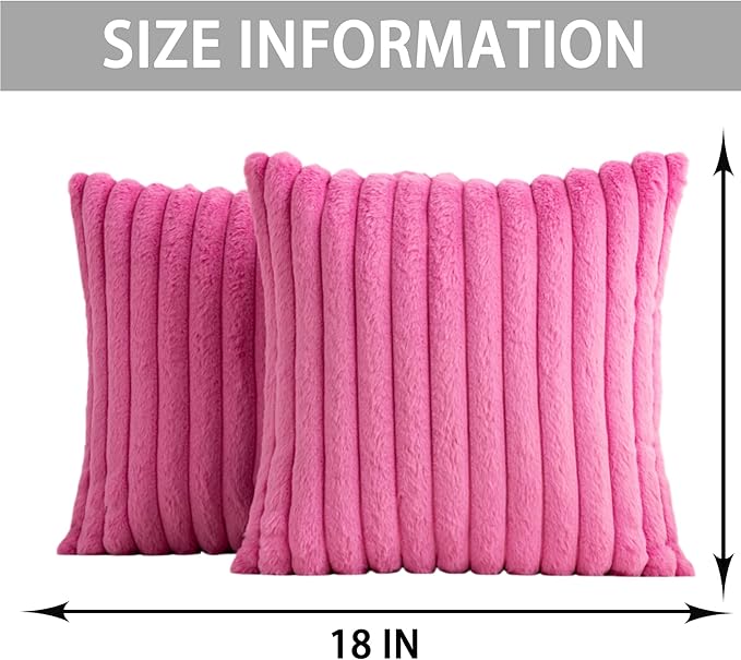 Aegero Pack of 2 Faux Fur Christmas Throw Pillow Covers 18x18 Inch, Soft Plush Striped Neutral Couch Pillow Cover, with Velvet Back Modern Home Decor for Sofa Living Room Couch Bed Hot Pink