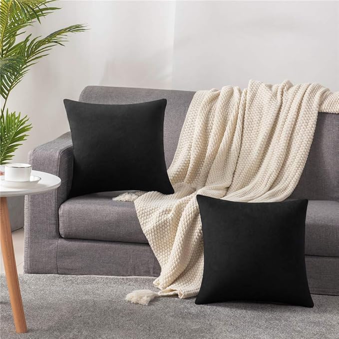 DEZENE Throw Pillow Covers 20x20 Black: Pack of 2 Cozy Soft Velvet Square Modern Luxury Decorative Throw Pillow Cases for Sofa Couch Living Room Bed Home Decor