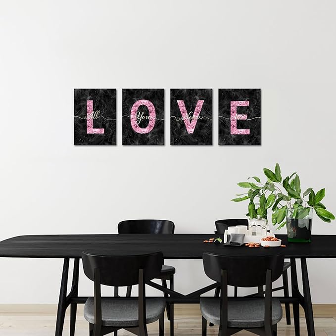 sechars Glam Pink Canvas Wall Art All You Need is Love Sign Decor Fashion Glitter Marble Love Quotes for Girl Women Bedroom Bathroom Valentine's Day Gifts (Black)