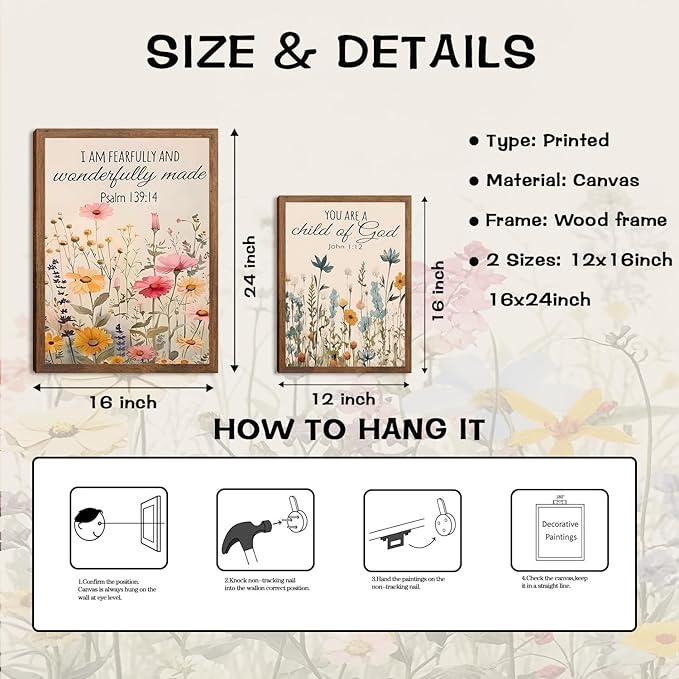 Christian Floral Bible Verse Wall Art Set of 3, Flower Canvas Wall Decor, Steadfast Love Of Lord Religious Faith Posters Prints for Prayer Room Living Room Bedroom Home Decoration 12x16in Wood Framed