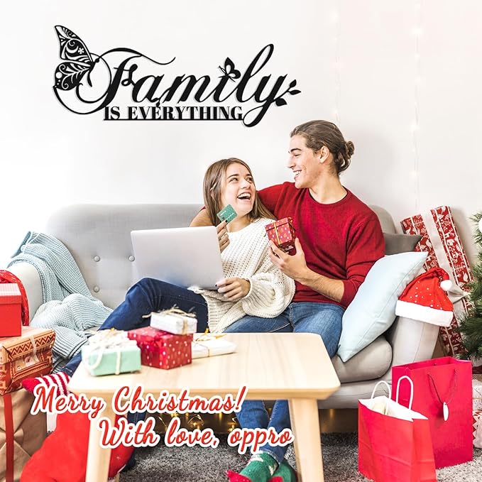 Family Signs Metal Wall Decor, Oppro Family Is Everything Word Sign with Butterfly for Home Decor, Black Art Plaque Letters for Living Room Dining Room Bedroom Housewarming Mother's Day Father's Day Christmas , 17”x6.3”