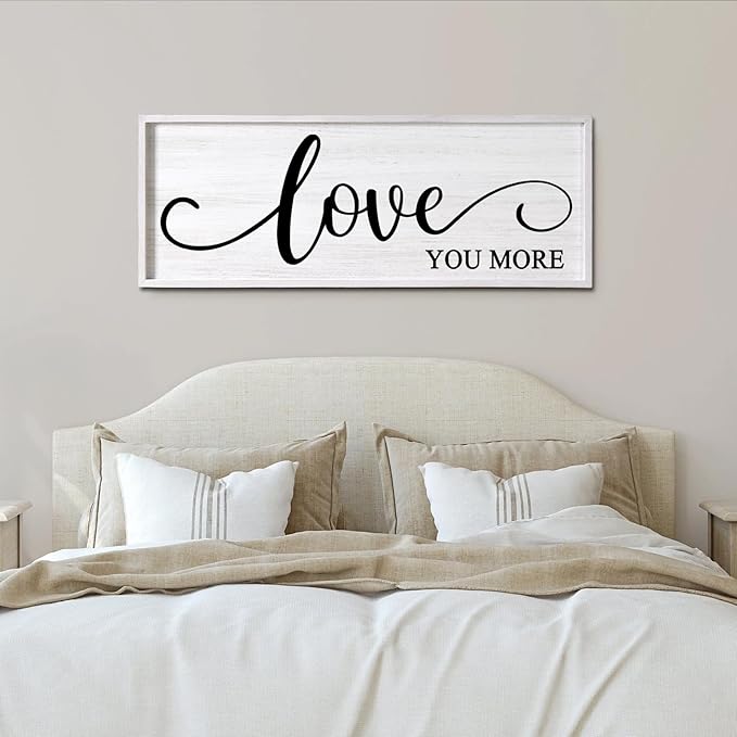 Love You More Decorative Rustic Sign & Plaque Framed Wall Art for Couples, 40''×15'' Vintage Cottagecore Wooden Horizontal Love Quote Home Decor Above Bed for Living Room, Farmhouse Wedding Gift