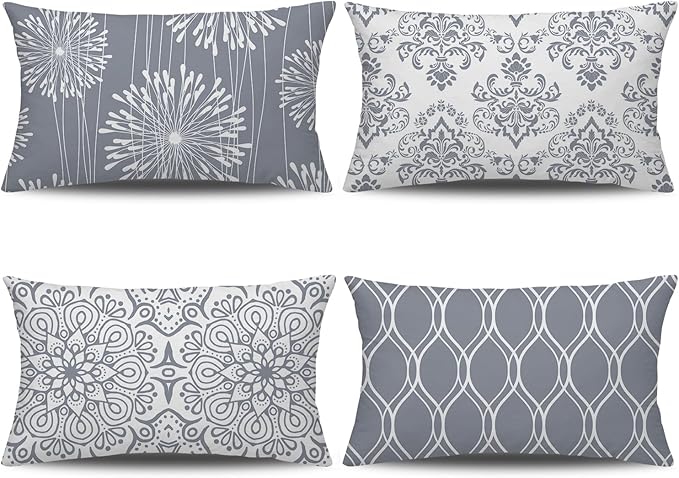 Coliuso Decorative Lumbar Pillow Covers 12x20 Set of 4, Grey and White Modern Simple Square Pillow Case Cushion Cover for Sofa Couch Farmhouse Living Room Bedroom Car(Gray and White)