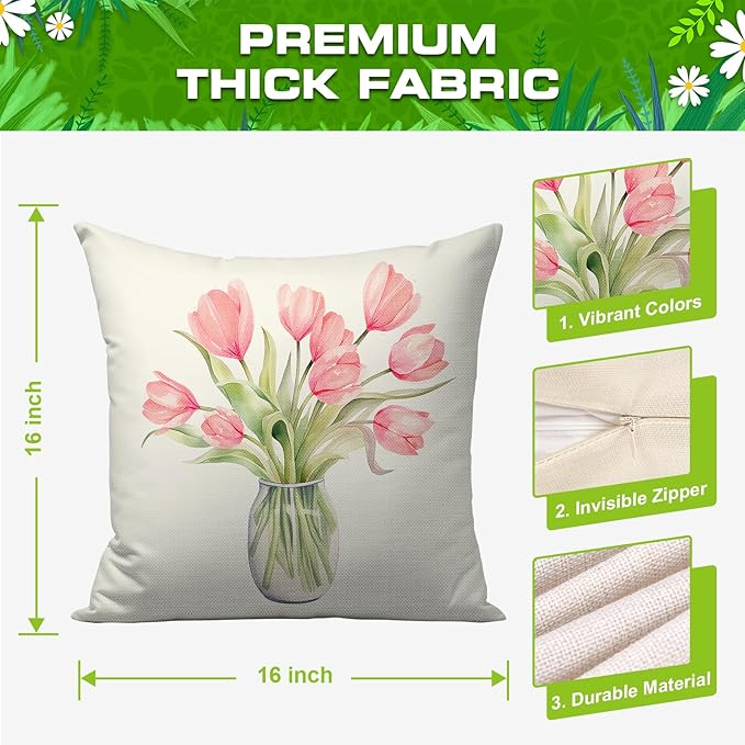 Pillow Covers 16x16 Inch Set of 4 Tulip Home Sweet Home Pink Throw Pillows Decorative Pillow Cases Hello Summer Spring Seasonal Farmhouse Decorations for Sofa Couch
