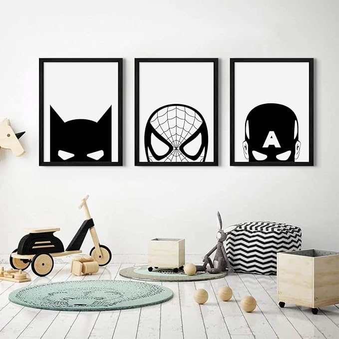 Superhero Spiderman Canvas Wall Art Black And White Wall Art Superhero Posters Spiderman Pictures Painting Wall Decor Superhero Poster for Living Room Bedroom 16x24 Inch Black Framed Set of 3
