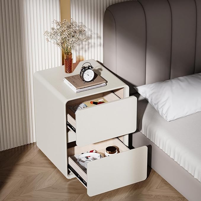 VICITON Modern Narrow Faux Leather Nightstand, Solid Wood Drawer, Storage Accent Table, Small Side End Table for Bedroom (Cream White, Large(15.8 inch))