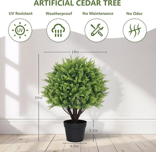 24" Artificial Outdoor Plants Set of 2 – UV Resistant Faux Cedar Topiary Trees, Realistic Fake Bushes and Shrubs for Front Porch, Patio, Outside Planters Decor