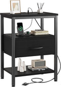 DUMOS Bedside Table with Charging Station and Adjustable Fabric Drawer Compact Nightstand 3-Tier Storage Organizer End Table for Bedroom,Black