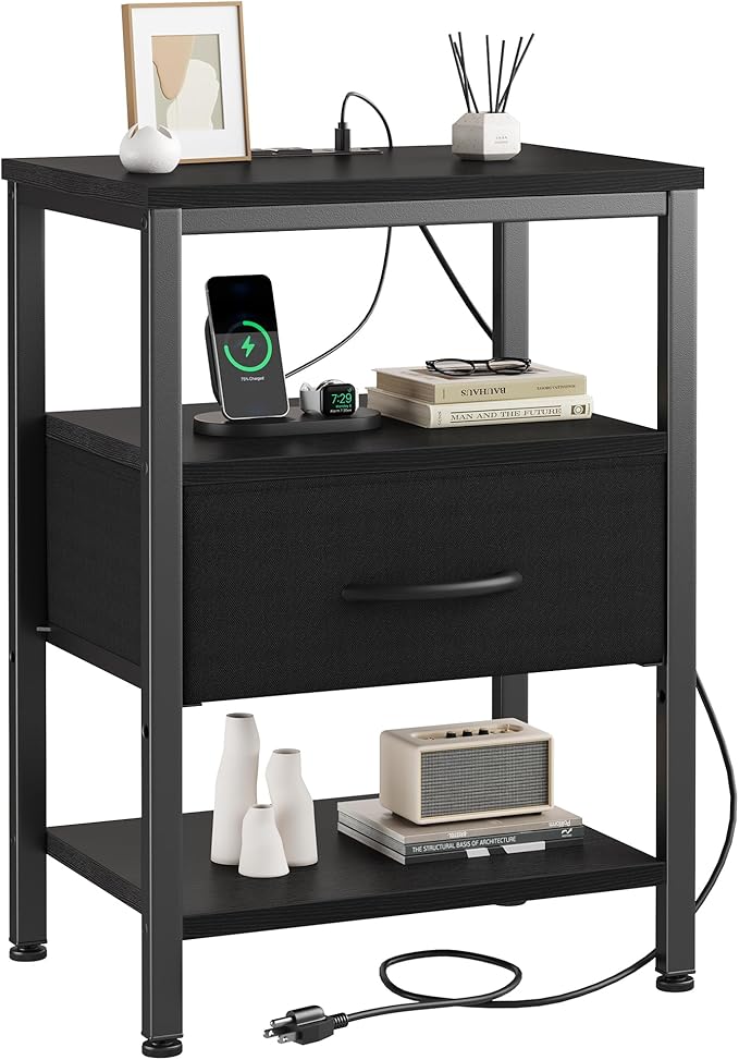 DUMOS Bedside Table with Charging Station and Adjustable Fabric Drawer Compact Nightstand 3-Tier Storage Organizer End Table for Bedroom,Black