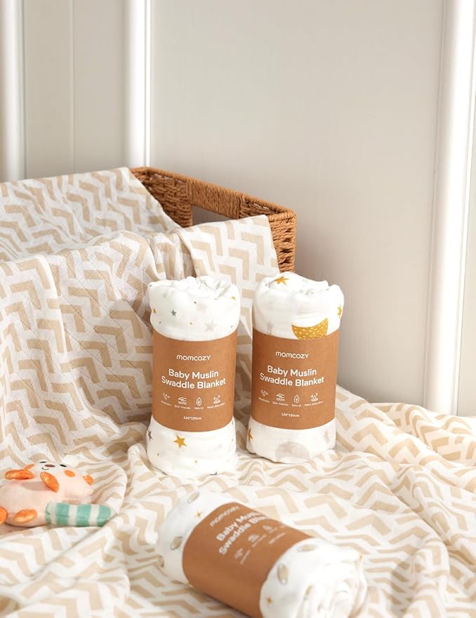 Momcozy Muslin Swaddle Blankets, 4-Pack Breathable and Skin-Friendly Receiving Blankets, Best Wishes Swaddle Blanket Shower Gifts & Baby Registry Essentials, Large 47"x47", Stellar Orbit