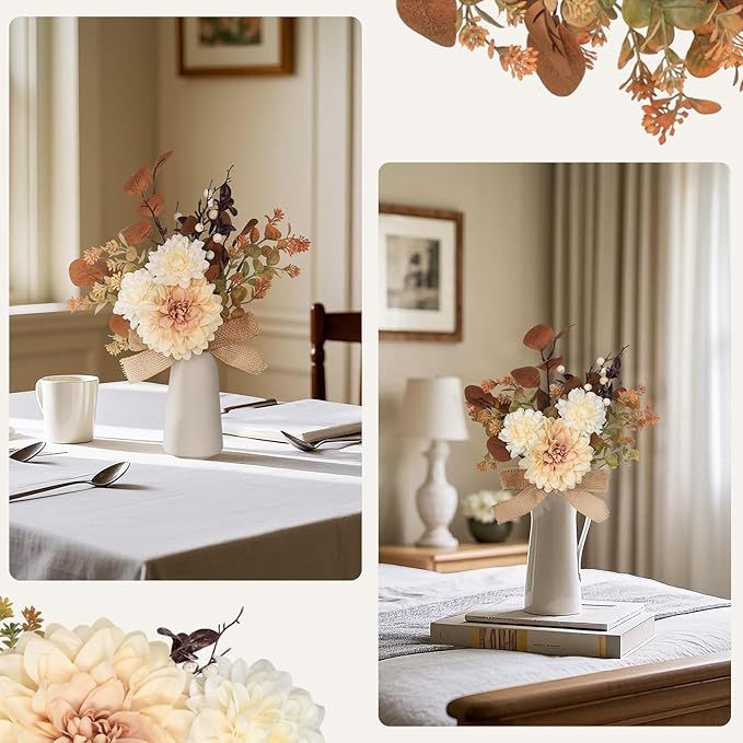 Small Artificial Flowers in Ceramic Vase 15 inch Faux Flower Centerpieces Coffee Table Decor, Silk Flower Arrangements Indoor Fake Bouquet for Dining Room Kitchen Wedding Home Decor, Brown