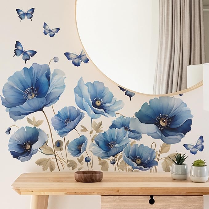 TUOKING Blue Flowers Wall Stickers Removable Butterfly Wall Murals Peel and Stick Wall Art Decal Home Decor for Kitchen,Bedroom,Living Room(fun-c13)