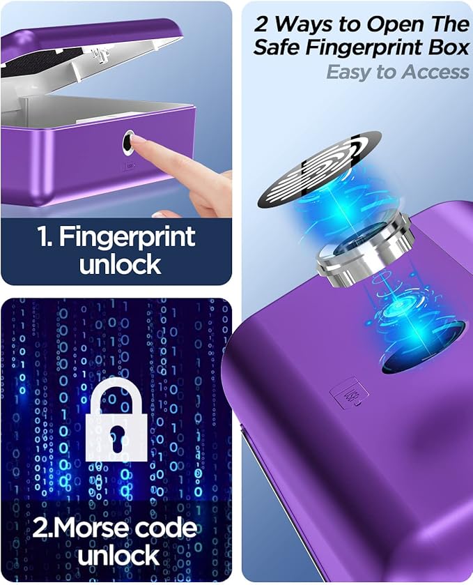 AICase Biometric Fingerprint Storage Box, Portable Cash Jewelry Security Lock Box Safe, Combination Lock for Car, Home, Office Travel