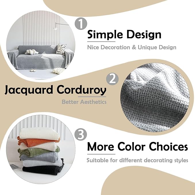 HANDONTIME Couch Cover for Kids Chenille Sofa Covers for 3 Cushion Couch Corduroy Jacquard Couch Slipcover Simple Sofa Seat Cover Couch Protector Loverseat Cover Futon Cover 71" X134", Dark Grey