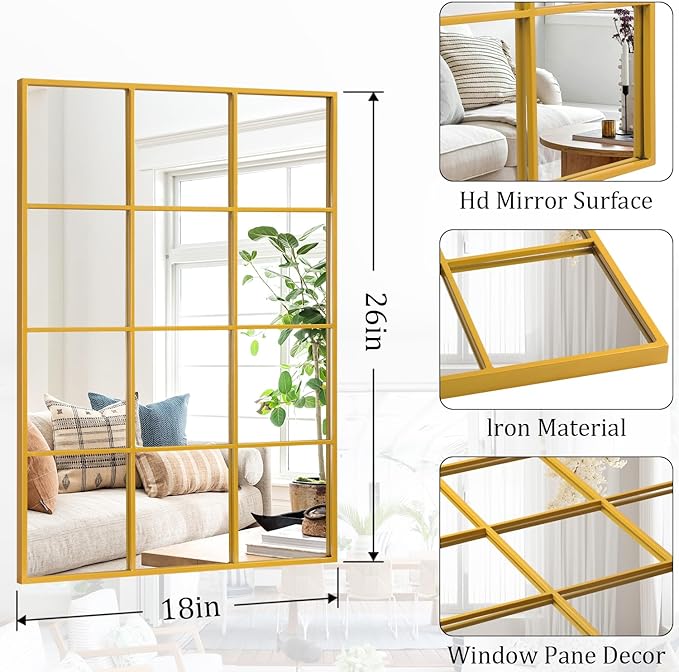 Rectangle Wall Mirror, Gold Metal Framed Mirror Golden Wall Mounted Decorative Mirrors for Living Room Bedroom Entryway 18x26 Inch Decor