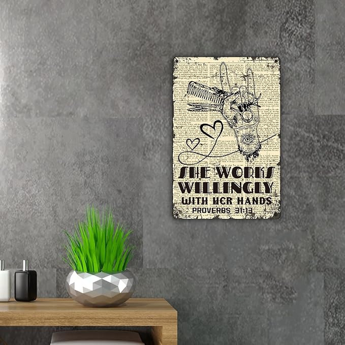 QIONGQI She Works Willingly with Her Hands Metal Tin Sign Wall Decor Retro Hairstylist Art Signs for Home Salon Baber Decor Gifts