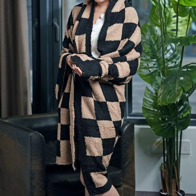 Soft Checkered Throw Blanket, Ultra Cozy Knit Throw Blanket Fluffy Fuzzy Reversible Checkerboard Blanket for Travel Couch Sofa Bed Decor, 51x63 inches, Black Brown