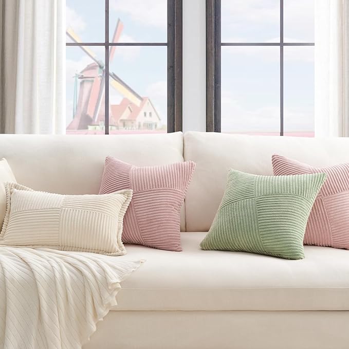 Topfinel Set of 2 Pink Decorative Yellow Throw Pillow Covers 20x20 Inch for Couch Sofa Bed, Rustic Farmhouse Boho Home Decor, Soft Corduroy Windmill Textured Striped Patchwork Cushion Cases