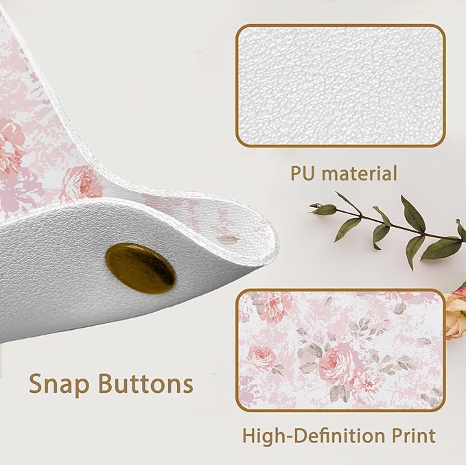 Pink Floral Jewelry Valet Tray for Women, Cottagecore Pink Rose Flower PU Leather Catchall Beside Caddy Nightstand Organizer Tray for Jewelry Rings Watches Keys and Accessories, 7.87x7.87in