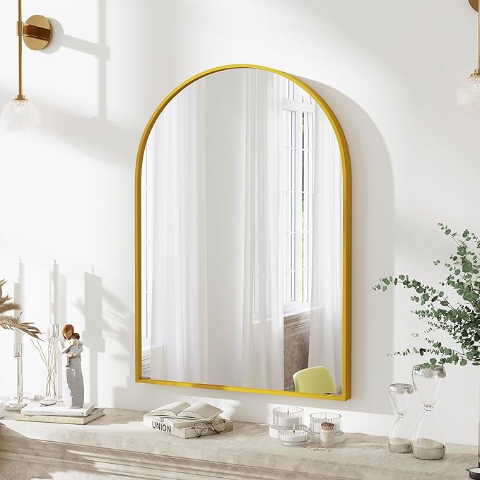 30x20 Arch Mirror Rectangle Wall Mounted Hanging or Against Wall Metal Aluminum Alloy Frame Mirrors for Entryway Bedroom Bathroom Living Room 30 20 inch Gold