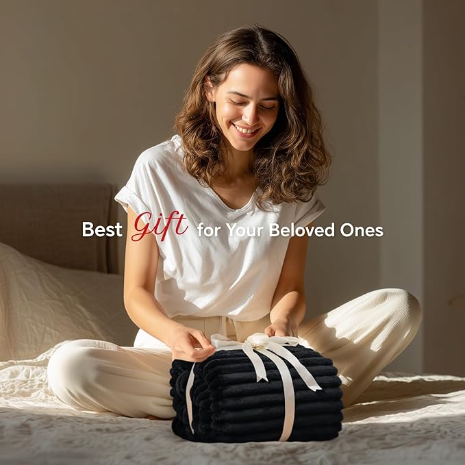 INFIIXSO Sherpa Fleece Queen Size Blanket - Super Soft & Warm Striped Fleece, Cozy Plush Fluffy Large Bed Blanket All Season Use (Black, 90x90 Inches)