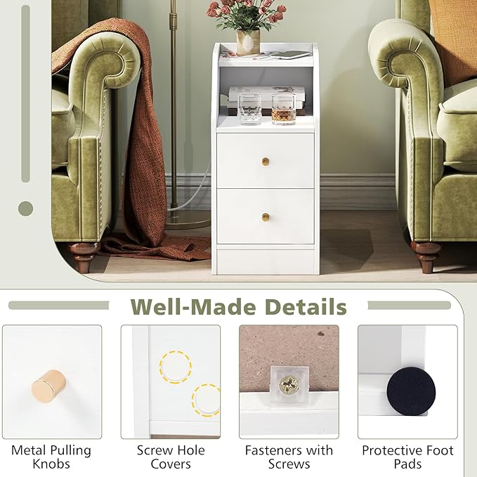 KOMFOTT Set of 2 Side Tables with Charging Station, End Tables with Storage Drawers, Sofa Couch Tables for Small Space, Modern Nightstands for Bedroom (White,2)