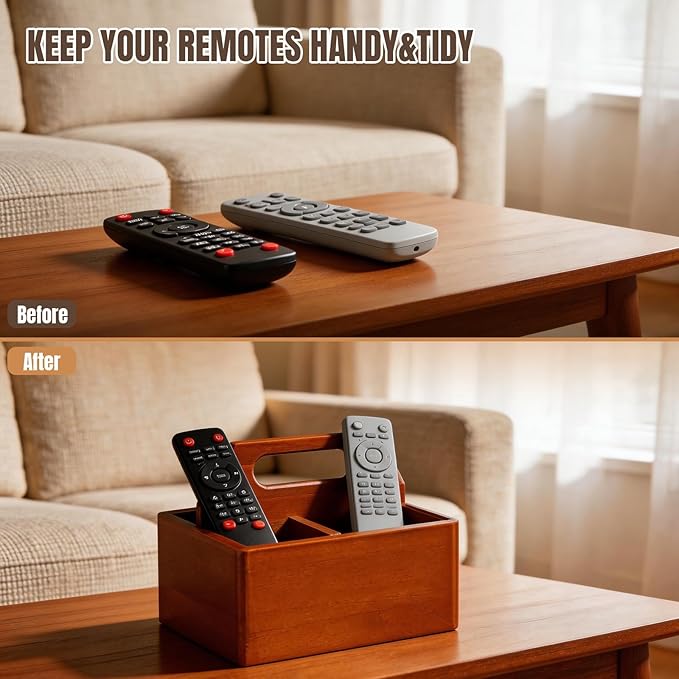 Acacia Wood Remote Control Holder with Handle, Desk Organizer with 3 Compartments, Wood TV Stand Decor, Easy Storage TV Remote Holder for Living Room, Bedside Caddy, Office Supplies