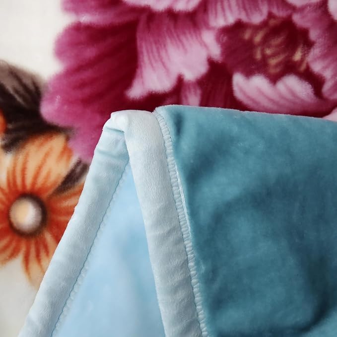 JYK Korean Style Mink Fleece Blanket King Size 83'' x 91'', 5.7 Pounds - 2 Ply Reversible Silky Soft Plush Warm, Comfy Bed Blanket, Luxurious Blanket for All Seasons - Blue/Purple Peony