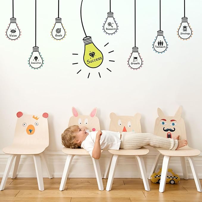 HLNIUC Large Size Positive Words Wall Decal 22PCS Success Teamwork Wall Sticker Minimalist Inspirational Lettering Artwork Motivational Saying Art Sticker Light Bulb Themed Wall Decals for Classroom