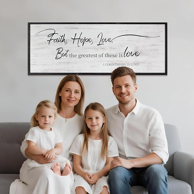 Faith Hope and Love Bible Verses Framed Wall Sign For Family Living Room Kitchen Farmhouse Dining Room Vintage Boho Wall Art Decoration For Living Room Bedroom, 40 x 15 Inch, Black