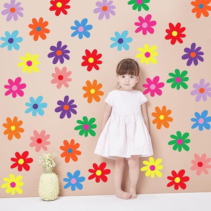 BBTO Daisy Wall Decal Flower Vinyl Wall Decals Daisy Stickers Floral Decals Peel and Stick for Nursery Art Bedroom Living Room(Simple Style,Rainbow Color)