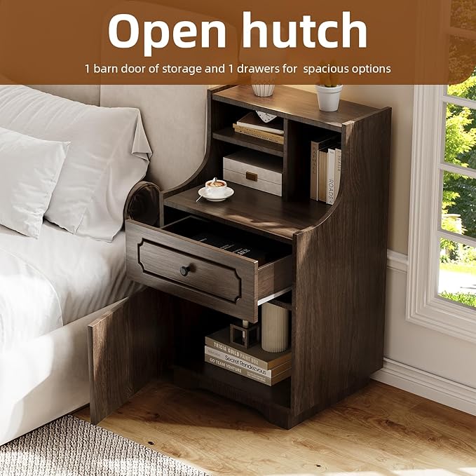 4ever2buy Farmhouse Night Stand with Storage Hutch for Bedroom Engineered Wood Bedside Table with Drawer 30.31 inch Tall Nightstand End Table Dark Oak