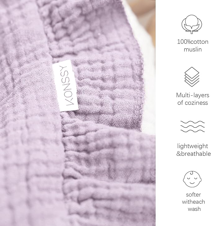 Konssy Flounce Muslin Baby Blanket for Girls Boys, 100% Cotton Soft Crib Swaddle Blankets, Reversible & Breathable Nursery Bedding for Newborns Toddlers, 40 x 36 Inches (Purple)