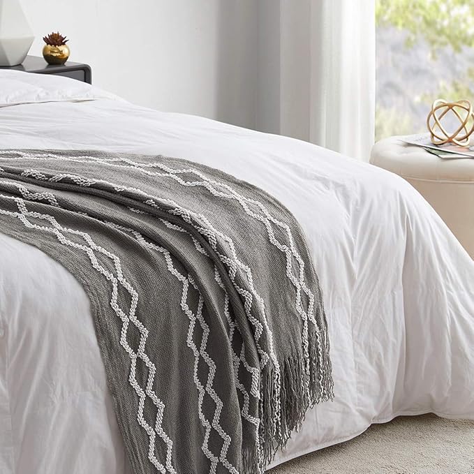 BOURINA Fluffy Chenille Knitted Fringe Throw Blanket Lightweight Soft Cozy for Bed Sofa Chair Throw Blankets Grey 60" x 80"