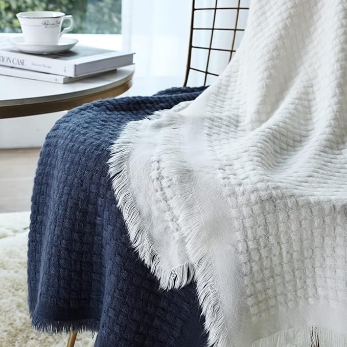 CREVENT Farmhouse Waffle Knit Throw Blanket for Couch Sofa Chair Bed Home Decoration, Soft Warm Cozy Light Weight for Spring Summer Fall (50''X60'' Navy Blue)
