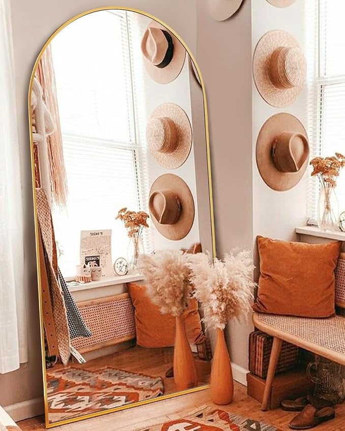 Arched Full Length Mirror, 76"x34" Large Floor Mirror with Stand, Wall-Mounted Gold Body Mirror for Bedroom