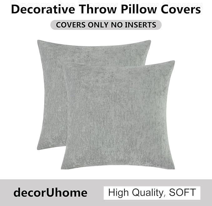 decorUhome Chenille Grey Throw Pillow Covers 24x24 Inch Set of 2, Decorative Soft Couch Pillow Covers Solid Dyed Accent Farmhouse Neutral Square Pillow Cases for Sofa