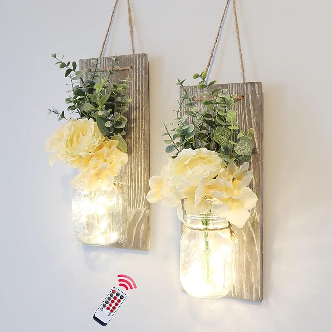 Besuerte Modern Farmhouse Wall Decor Set of 2, Rustic Wall Art Living Room Decor with Led Fairy Lights and Rose Flowers, Country Home Decor Gifts, X-Large Rustic Grey