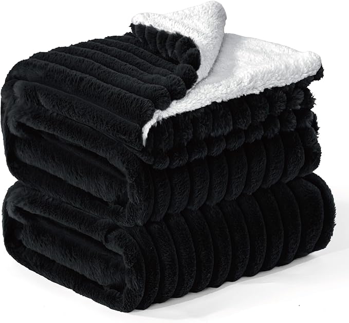 INFIIXSO Sherpa Fleece Queen Size Blanket - Super Soft & Warm Striped Fleece, Cozy Plush Fluffy Large Bed Blanket All Season Use (Black, 90x90 Inches)