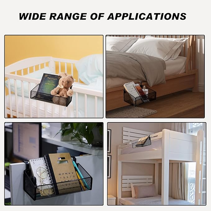 Zubebe 2 Pieces Bedside Shelf for Bed with 10 Pairs Hooks Bunk Bed Shelf for Top Bunk Bedside Caddy Hanging Storage Basket Black Metal Organizer for Book Phones Drinks College Dorm Home Office Desk